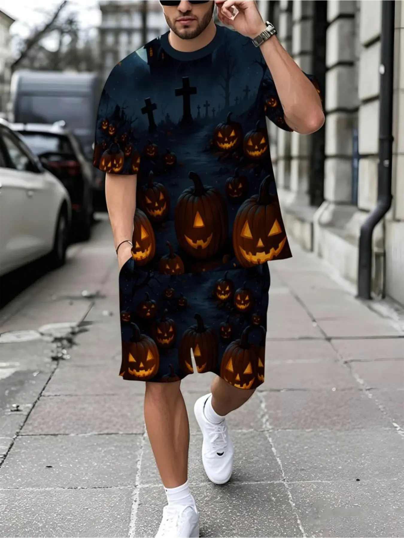 Men's Halloween Costume Set, 3D Digital Print Jack Pumpkin Cross Design, Short Sleeve T-Shirt and Shorts, Fitted Polyester, Knee-Length