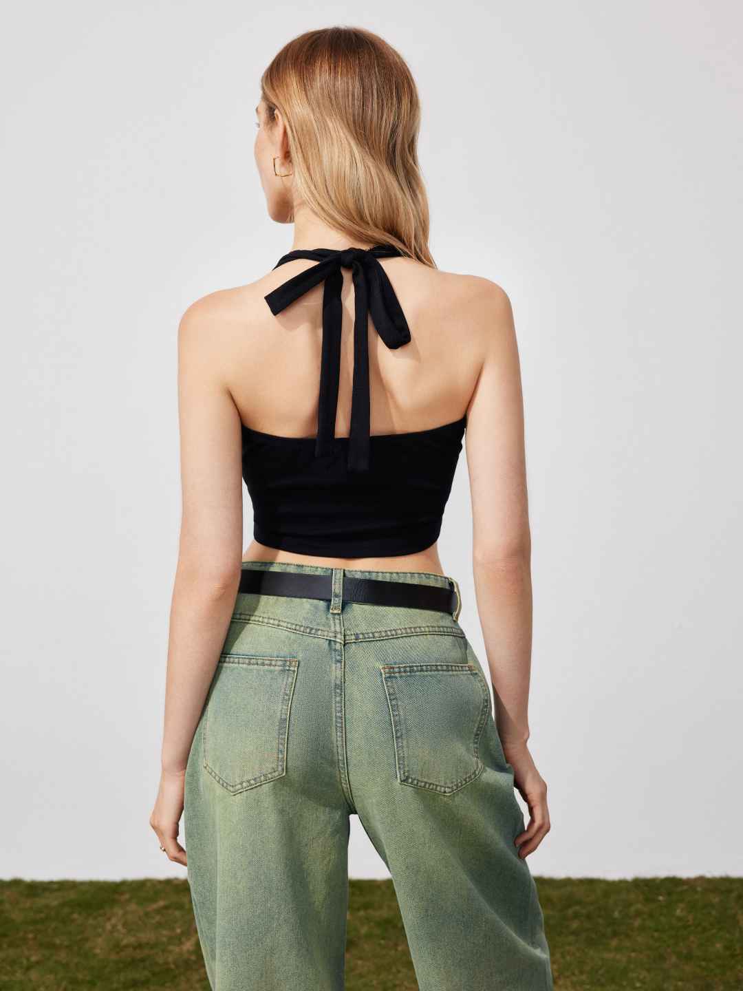 Cider [3 colors, size 2-26] Solid Halter Knotted Cami Crop Top