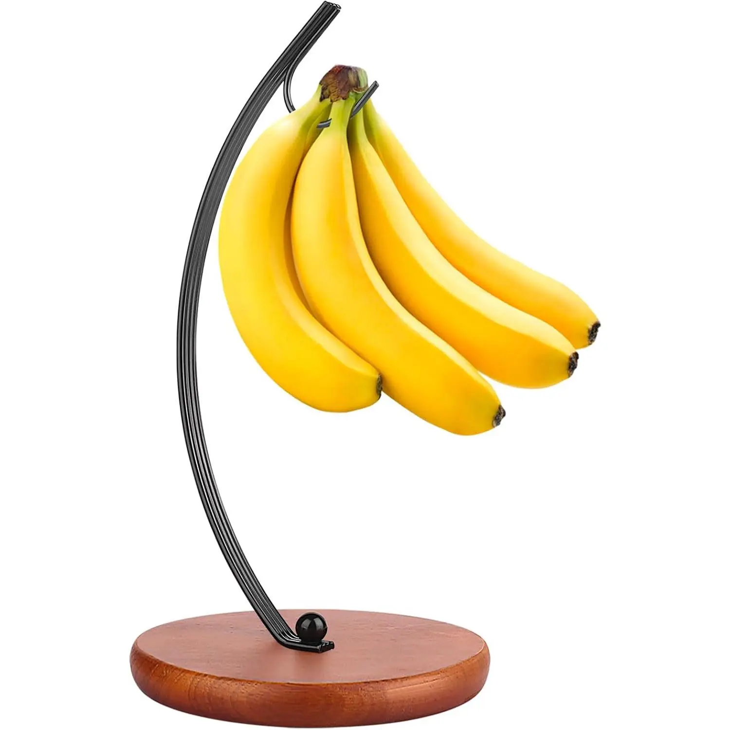 Banana Holder Stand - Modern Fruit Bowls Banana Hook Hanger, Banana Tree Holder, Banana Rack for Kitchen Counter, Stainless Steel&Wooden Base, Black