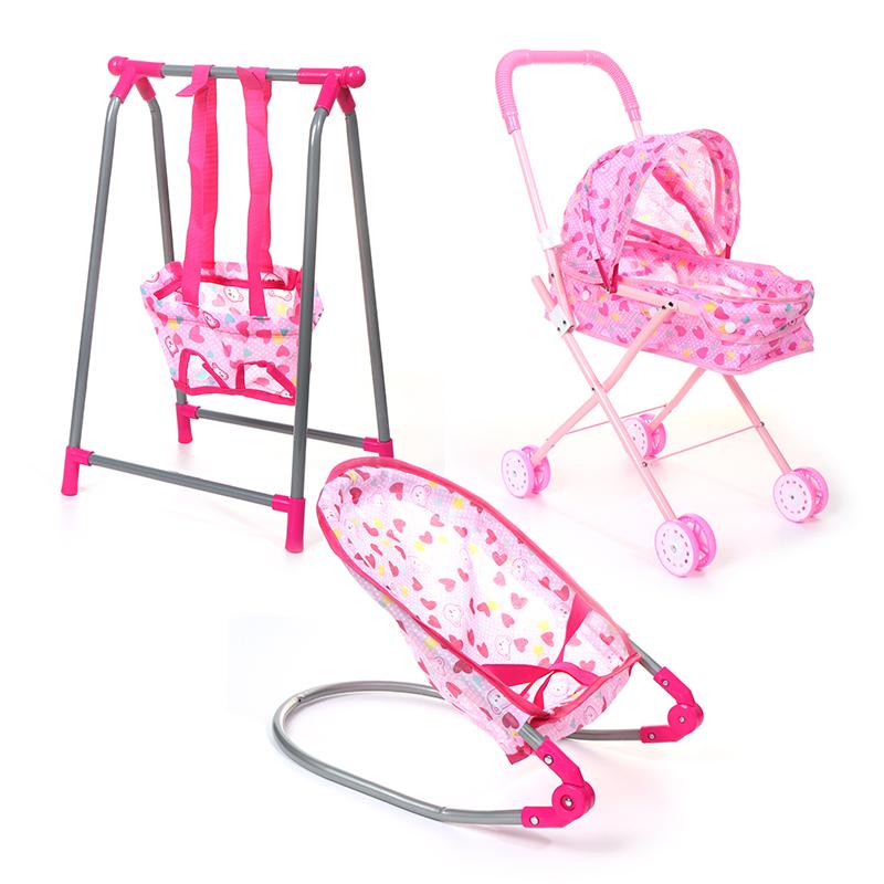 Simulation Doll Stroller Set Pink Baby Stroller Pretend Play Toys Rocking Chairs Swing Bed Dining Chair Doll House Accessories