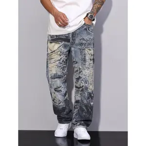 Men's 3D Digital Print Denim Jeans,Casual Loose Fit Graphic Graffiti Skater Pants,Retro Y2K Streetwear Ripped Distressed Illusion Trousers,Summer Slouchy Urban Outfits summerwins