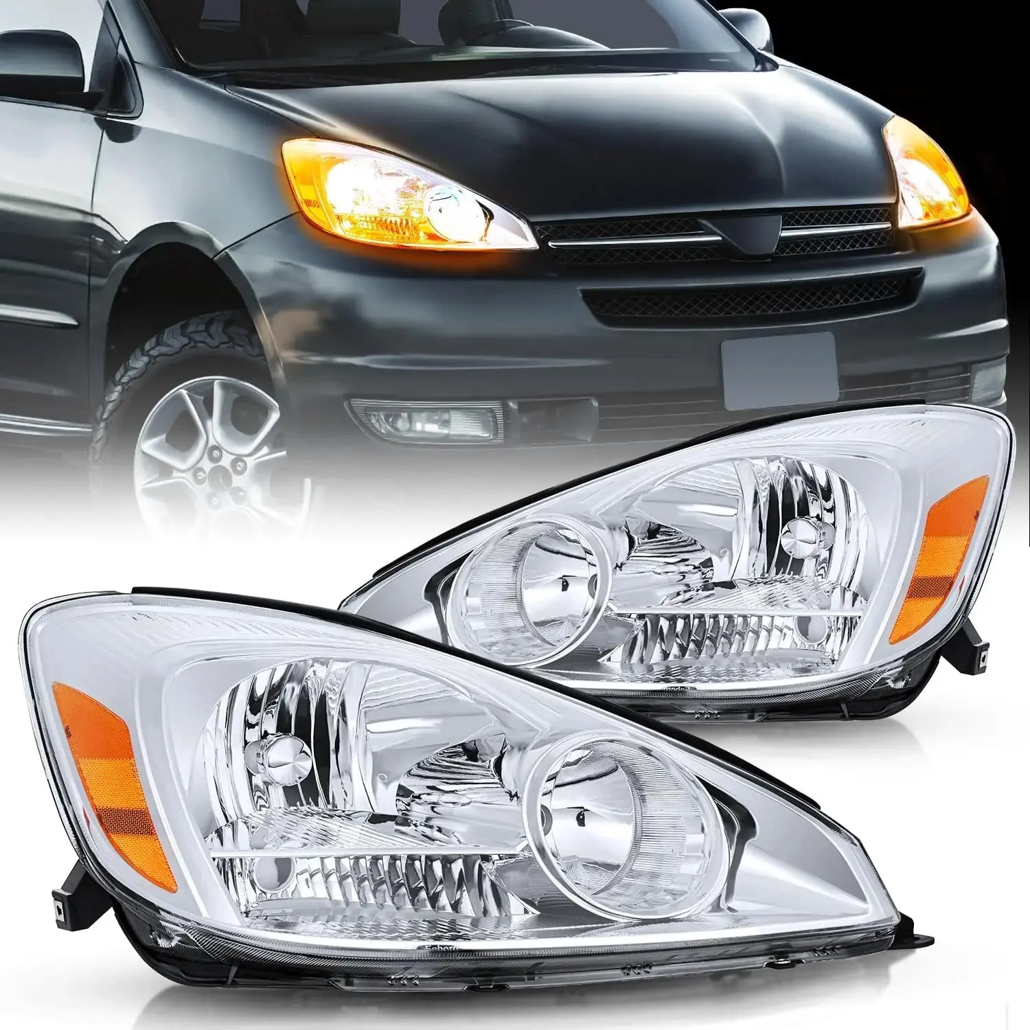 Nilight 2004 2005 Toyota Sienna Headlight Assembly Chrome Housing Amber Reflector Upgraded Clear Lens