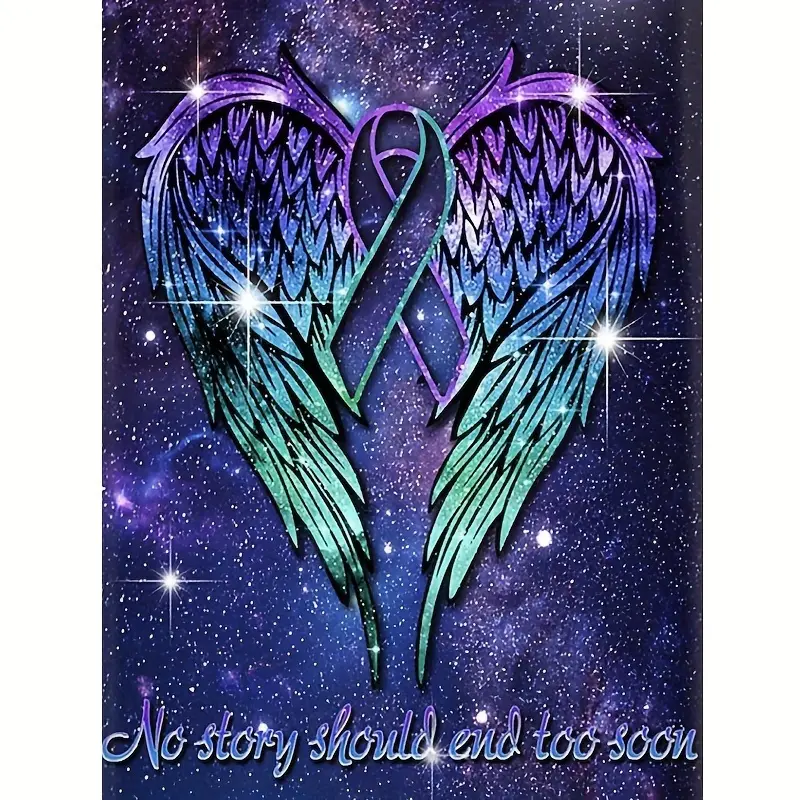 Purple Teal Glitter Angel Wings Diamond Painting, Mental Health Awareness Ribbon Star Cosmic Background Inspirational Text Rhinestone Wall Art For Bedroom