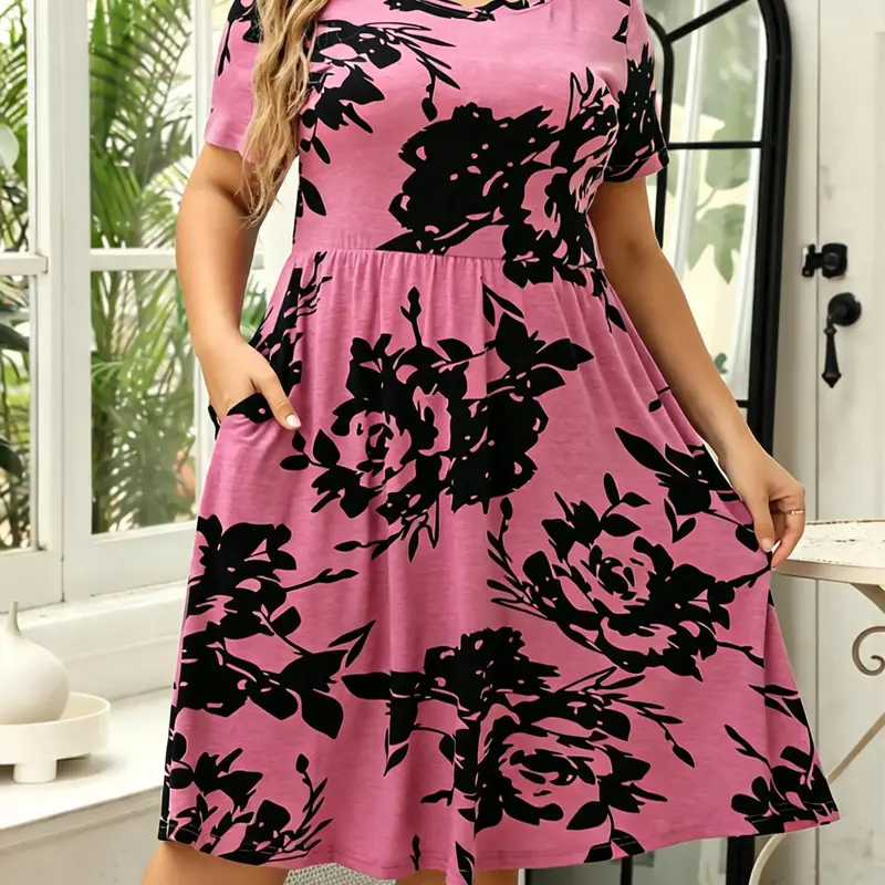Women's Plus Size Casual Long, Elastic Round Neck with Pockets, Elegant Summer Fitted Style, Soft Breathable and Comfortable Fabric for Daily Wear, Casual Summer Dresses, Womenswear