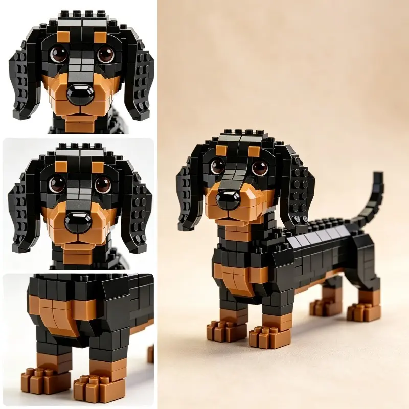 Classic Black Tan Dachshund MOC Building Blocks Animals, Long Body Pet Model, Display Model, creative blocks, skills kits, desktop figurines, Birthday Holiday Gift for Adults 14+, Back to School Pet Table Decor
