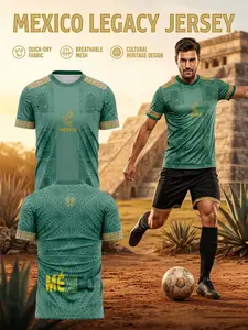 2026 Mexico Gold Aztec Print Soccer Training Jersey, Lightweight Quick-Dry Mesh Fabric, Breathable, Elastic Fit, Durable Design