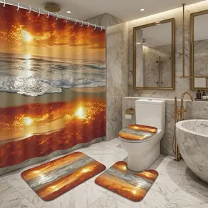 Golden Horizon Waves Shower Curtain Set – Soft Textile with Burning Sky, Crashing White Foam, and Serene Seascape Glow, Thick Bath Mat for Dreamy Baths, Ideal for New Year’s Eve Sunset Countdown or Valentine’s Day Romantic Retreats