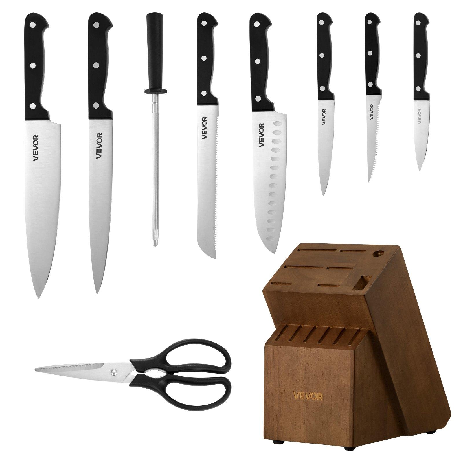 VEVOR Kitchen Knife Set with Block and Sharpener, 15 Piece German High Carbon Stainless Steel Knife Set, Kitchen Cutlery with ABS Ergonomic Handle, Sharpening Rod and Wooden Block, for Home Cooks VEVOR Kitchen Knife Set with Block and Sharpener, 15 Piece German High Carbon Stainless Steel Knife Set, Kitchen Cutlery with ABS Ergonomic Handle, Sharpening Rod and Wooden Block, for Home Cooks