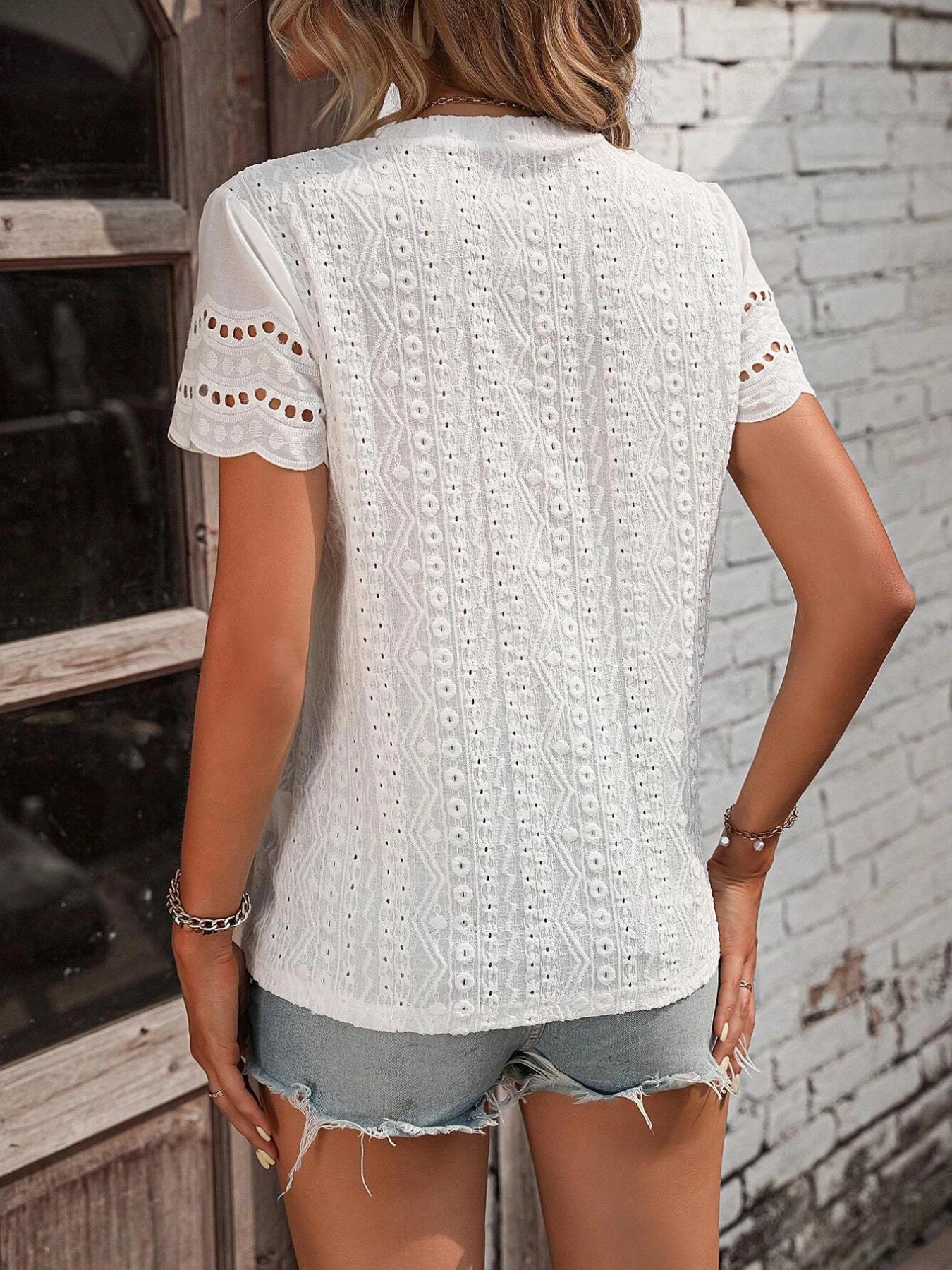 Women's Plain Eyelet Embroidery Hollow Out Tee, Casual Chic Scallop Trim Short Sleeve Round Neck T-shirt for Summer, Ladies Clothes for Daily Wear