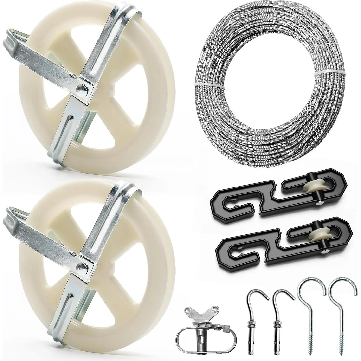 Outdoor Clothesline Kit, Clothesline Pulley Kit Include 150FT Clothes Line/ 2 Pulley/ 2 Separator Spreader/Tightener/ 4 Hooks for Outdoor Clothes