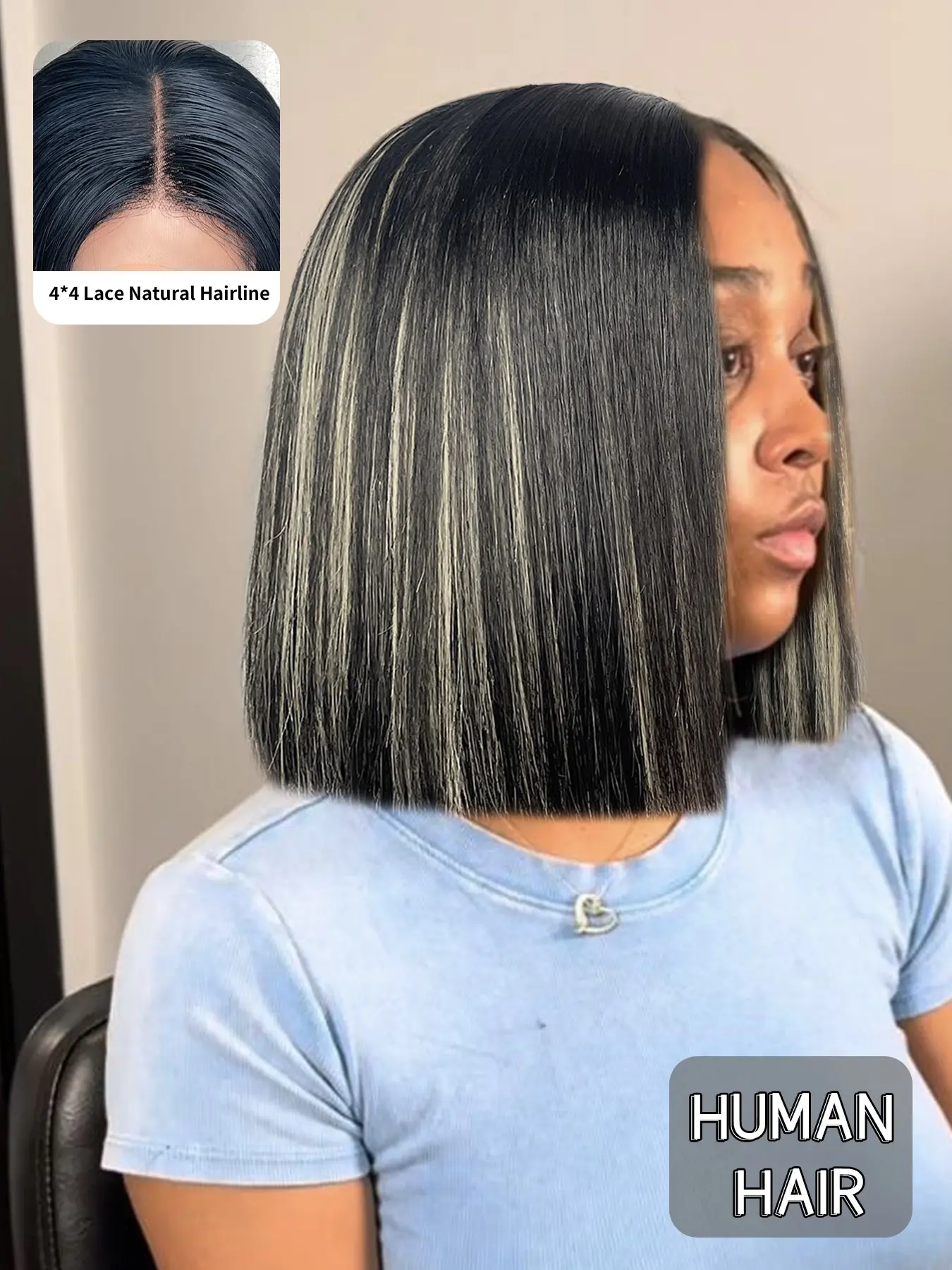 Human Hair Mixed Color Bob Wig for Women, 10 Inch Straight Blunt Cut Wig, 4x4 Lace Closure with Middle Part, Pre-Plucked Natural Hairline, Soft Smooth Hair Texture, Lightweight Breathable Cap, Glueless Wear and Go Style for Daily Fashion Looks