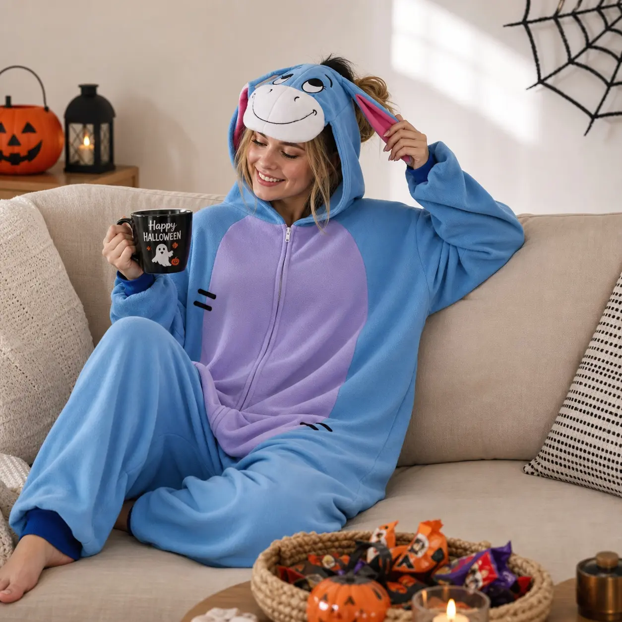 Women's Cozy Blue Donkey Hooded Onesie Pajamas - Cute Woodland Animal Loungewear for Couples, Nostalgic 1-Piece Sleepwear for Halloween Costume, Sleepover