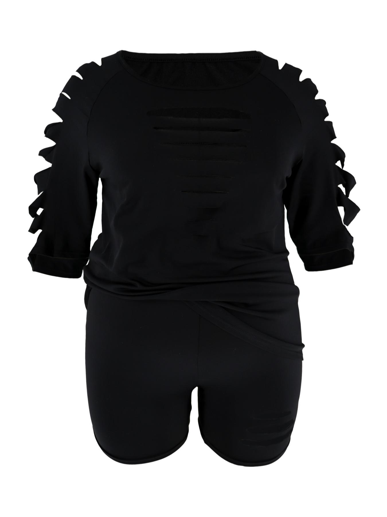 Plus Size Women's Ripped Design Sporty Round Neck Short Sleeve T-Shirt + High Waist Sporty Shorts, Casual Fashion Set, Street Style Sports Recommendation