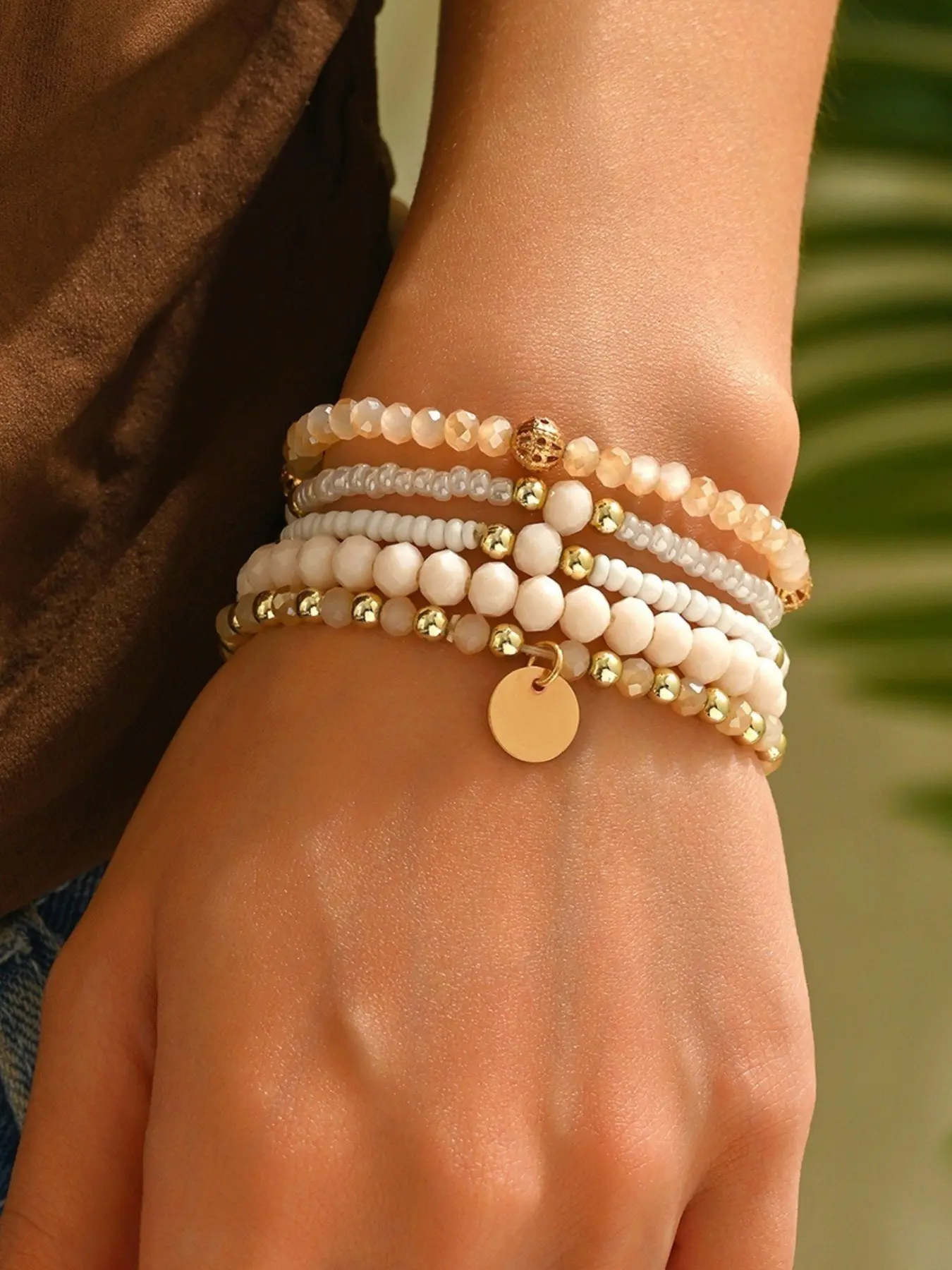 5-Piece Beaded Bracelet Set with Gold Disc Pendant Stackable Boho Beaded Bracelets with Gold Accents Minimalist Beaded Bracelet Stack his cream & gold beaded stack goes with EVERYTHING Jewelry Bracelet