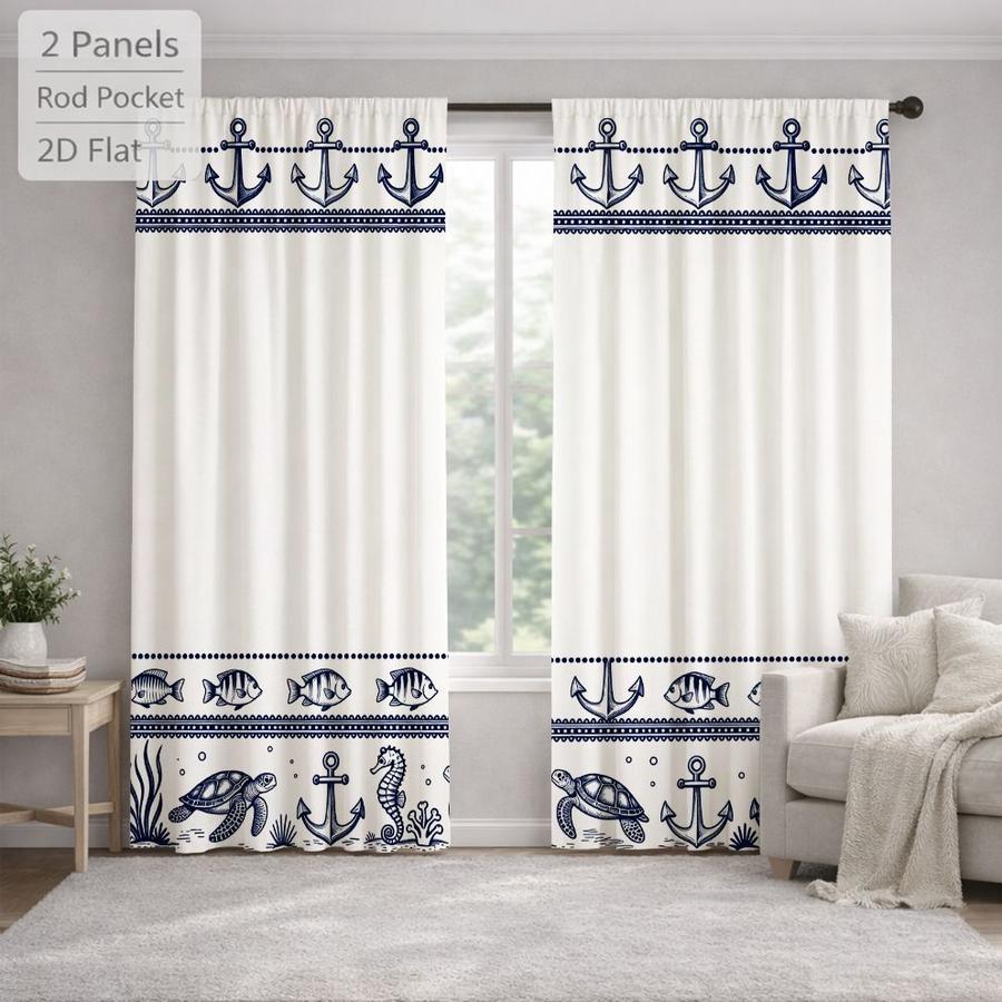 2Pcs Nautical Marine Ocean Anchor Turtle Fish Seahorse Sun Blocking Curtains Digital Printed Rod Pocket, Window Treatment For Bedroom Office Kitchen Living Room Study Home Decor