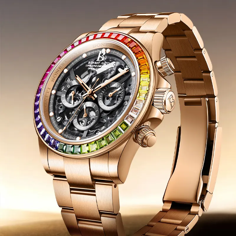 BONEST GATTI Men Automatic Mechanical Watch Rainbow Bezel Skeleton Chronograph Daily Waterproof Stainless Steel Luxury Wristwatch Prism Engine Racing Series