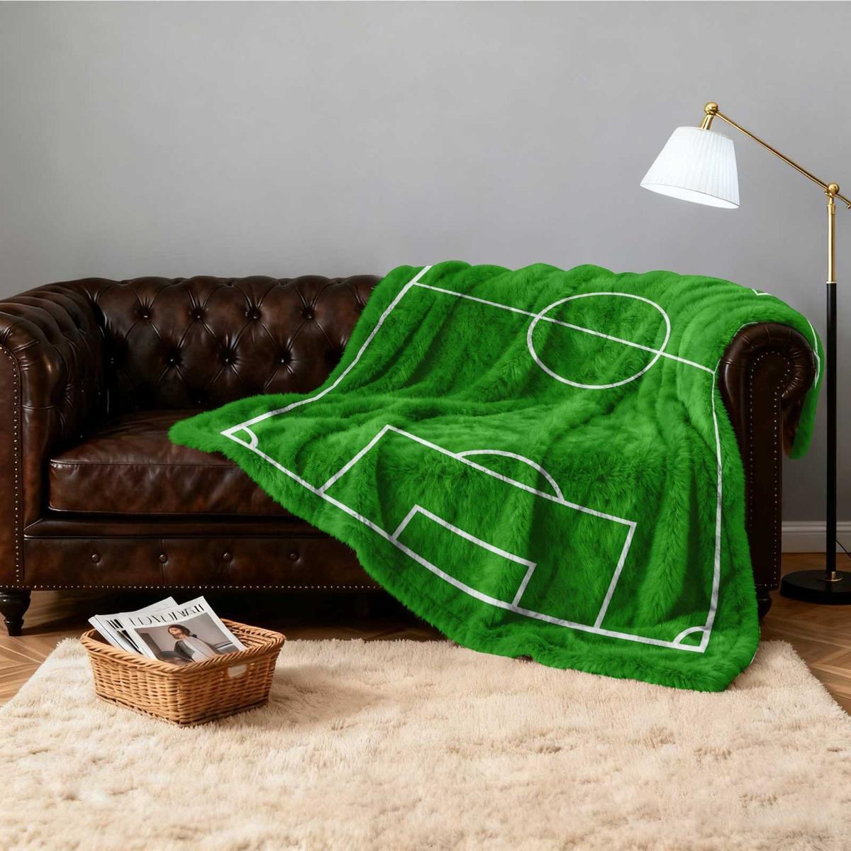 Green Football Field Theme Print Flannel Blanket - Pattern Printed Flannel Blanket - Comfortable Blanket, Soft And Warm, Four Seasons Universal, Suitable For Bed, Sofa, Office And Outdoor Blanket