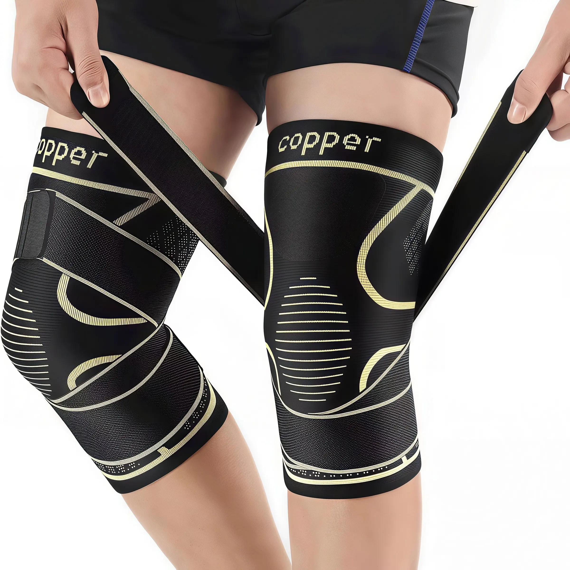 Copper Knee Braces with Strap, Adjustable Knee Brace Stabilizers for Knee Pain Unisex(2 Pack), Knee Compression Sleeve for Arthritis, ACL, Meniscus Tear, Joint Pain Relief, Knee Support, Knee Supporter for Working, Running, Weightlifting