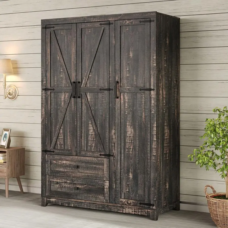 Pastoral MDF Wood 3-Door Farmhouse Wardrobe Closet - Freestanding Armoire with Drawers, Hanging Rods, Adjustable Legs, Barn Panels, Large Space Storage Cabinet for Bedroom Clothing Organization