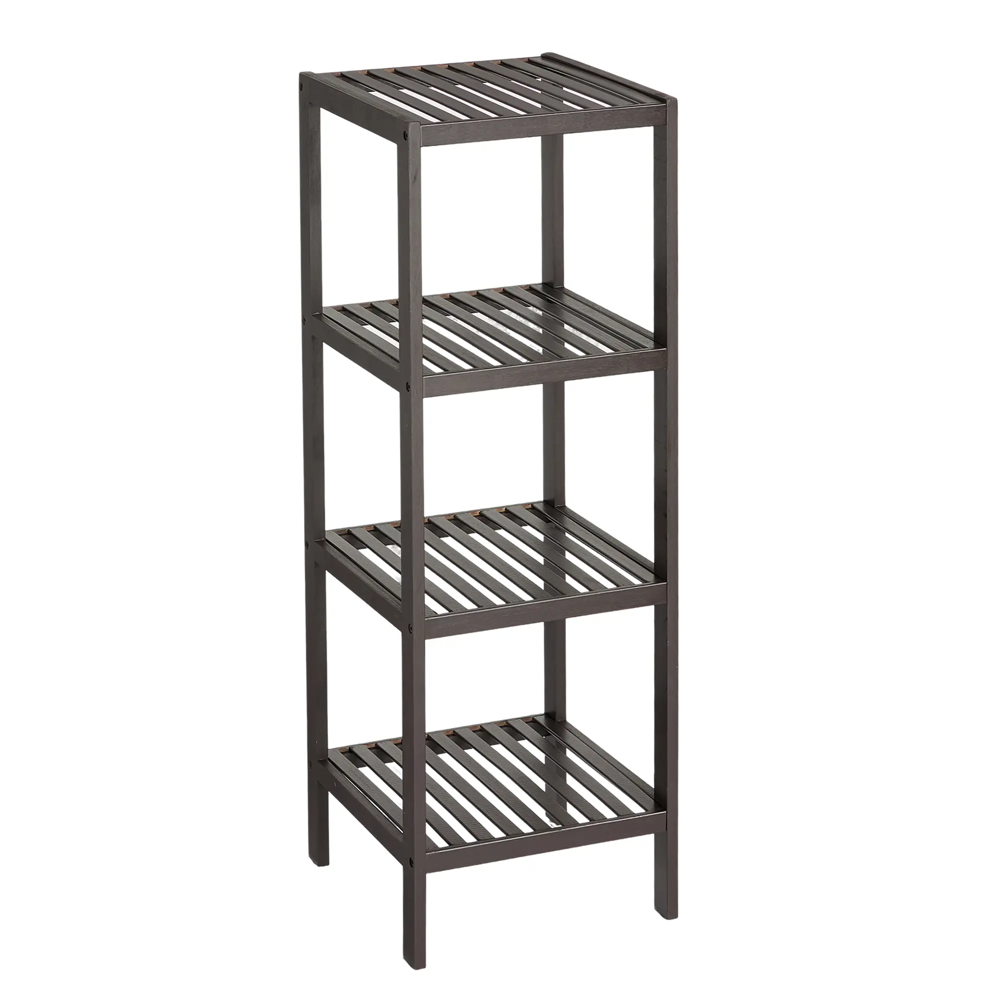 Space-Saving 4-Tier Slim Wooden Floor Shelf, Freestanding Narrow Standing Storage Rack with Slatted Shelves for Bathroom/Kitchen/Bedroom/Entryway, Towel, Plant & Shoe Organizer - Walnut