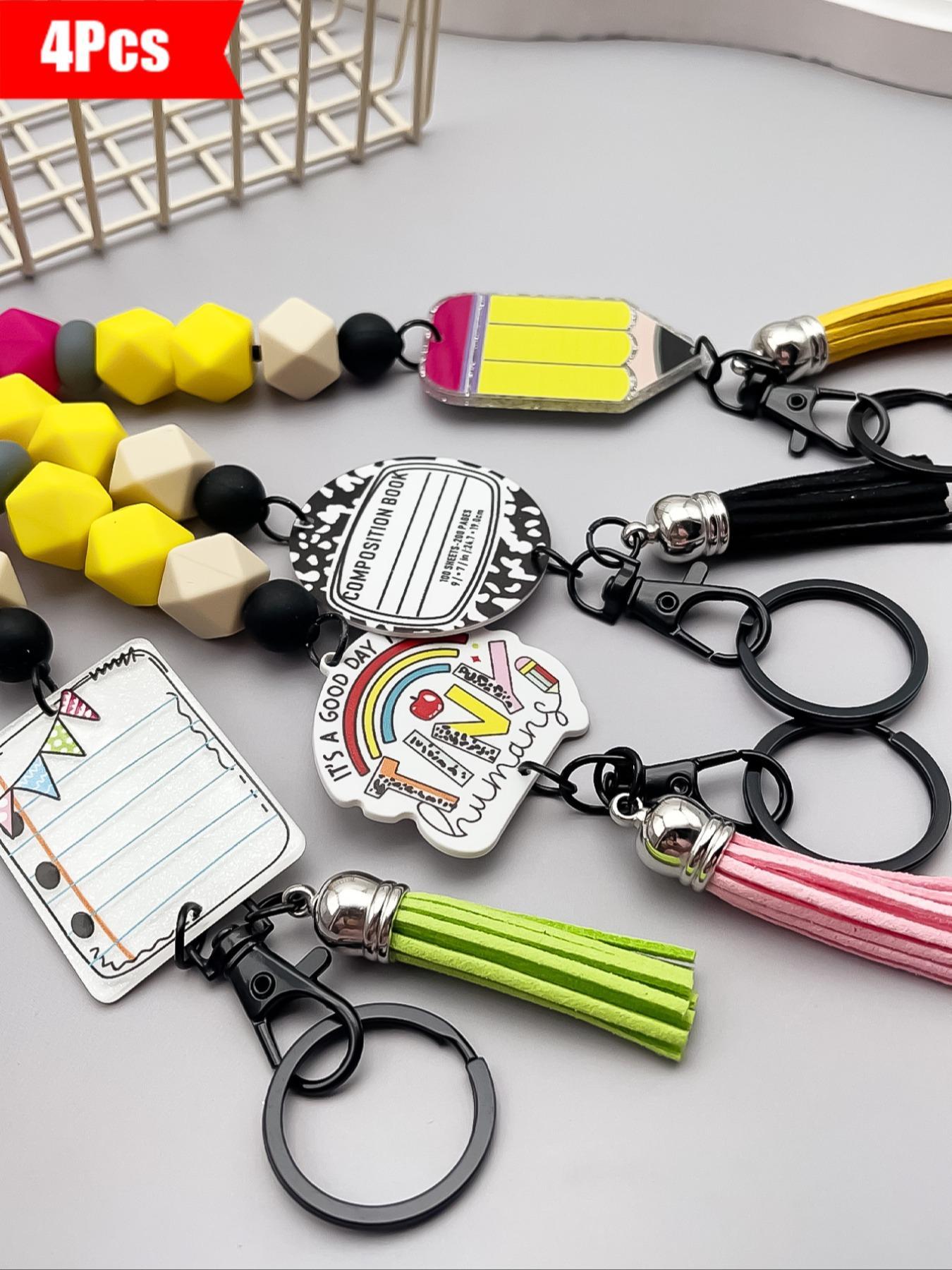 4-Piece Macaron Bead Keychain Set, Fun Teacher Neck Strap for School Days, Perfect Back-To-School Gift for Students and Teachers