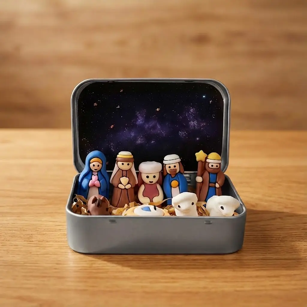 Cute Jesus Birth Scene Iron Box Ornament, 3D Jesus Nativity Display, Christian Home Decor, Prayer Setup, Religious Christmas Decoration, Faith Gift, Jesus Ornaments, Home Spiritual Decor, Religious Decorations
