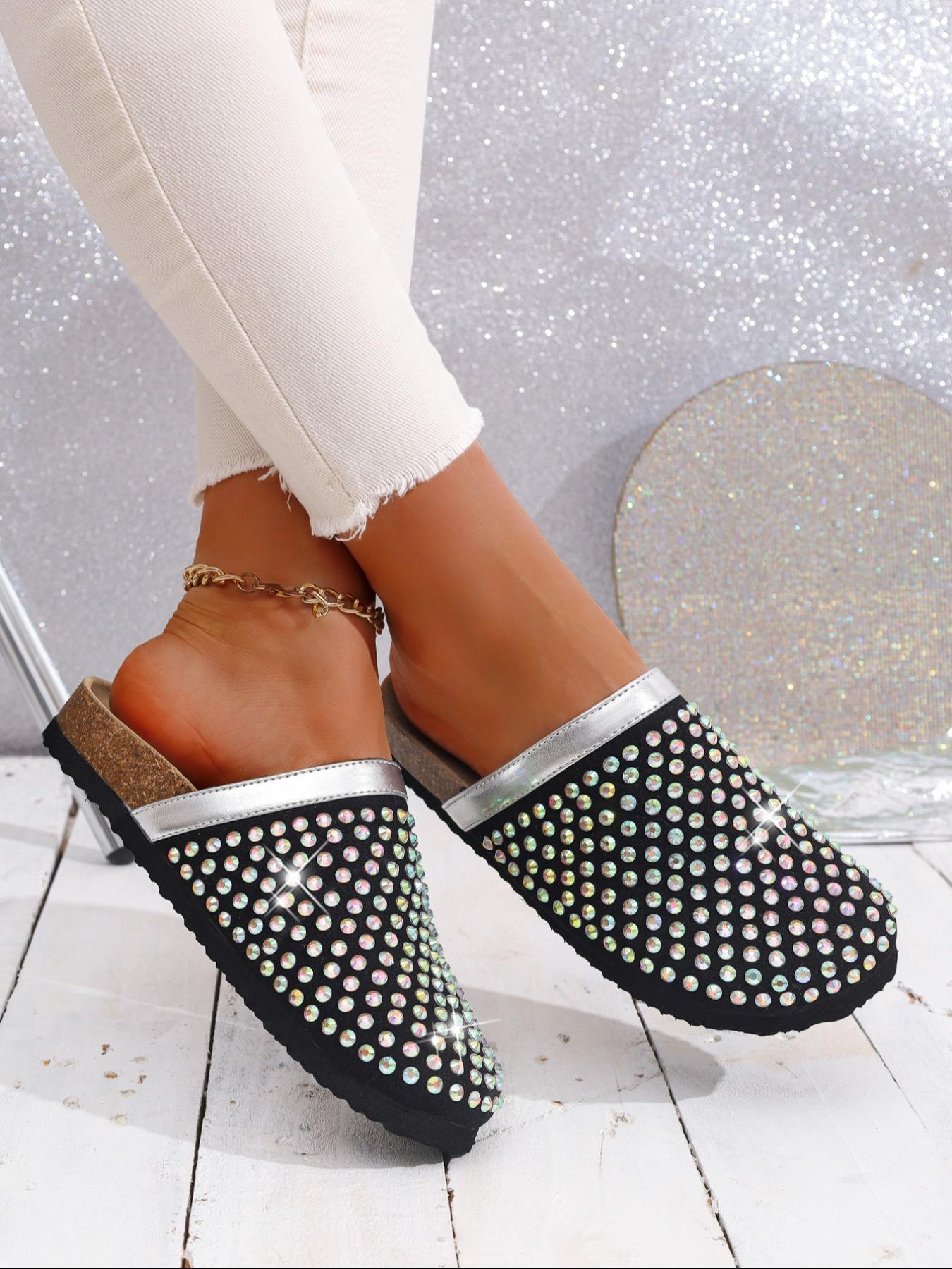 Women's Rhinestone Decorated Slip-On Mules, Anti-Slip Thick Sole, Fashionable Indoor & Outdoor Casual Shoes, Comfortable One-Step Design, Thick Bottom Slippers