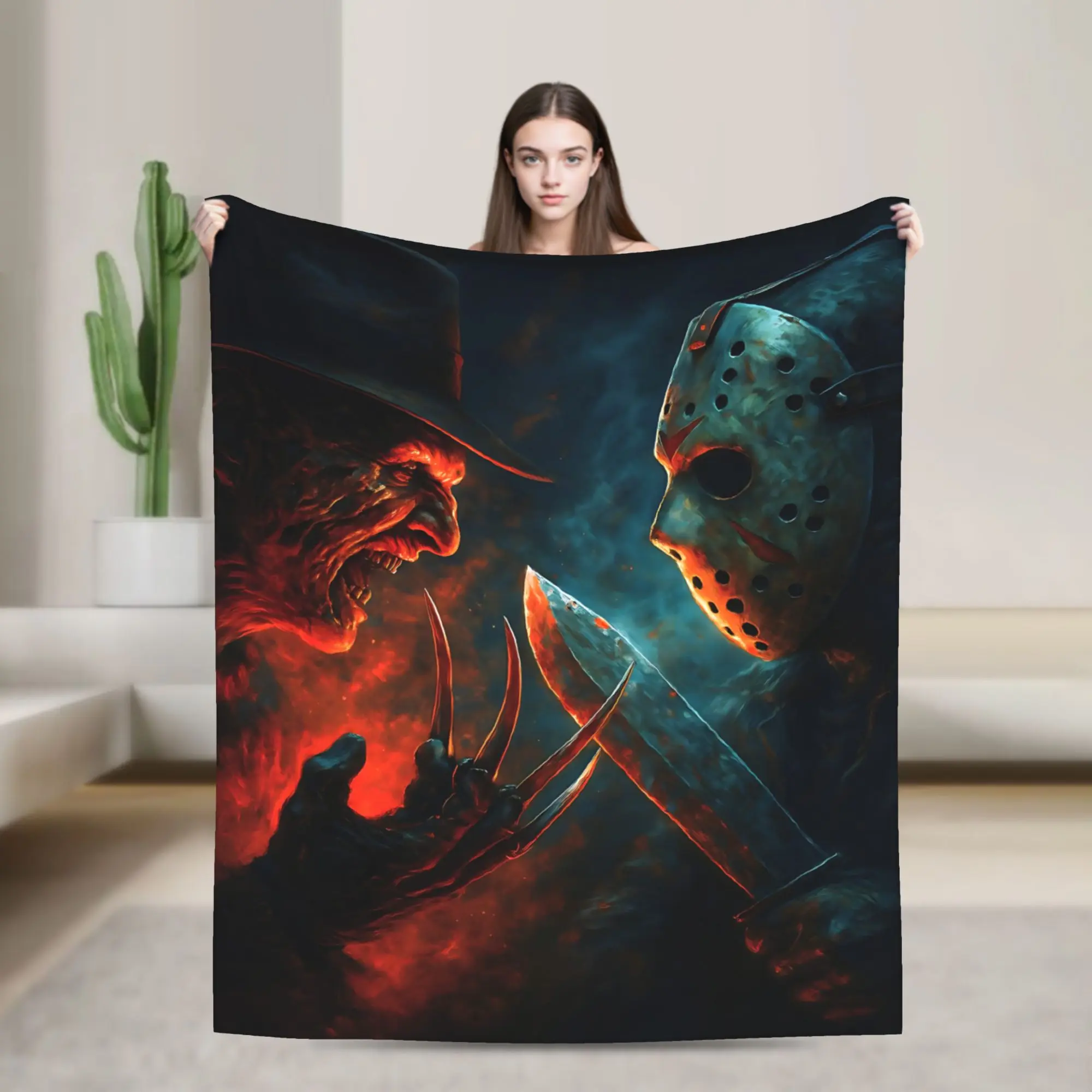 Freddy Krueger vs Jason Voorhees Horror Movie Flannel Throw Blanket, Nightmare On Elm Street Friday The 13th Blanket, Soft Lightweight Cozy  Blanket for Sofa Bed Dorm, Halloween Decor Gift for Horror Fans