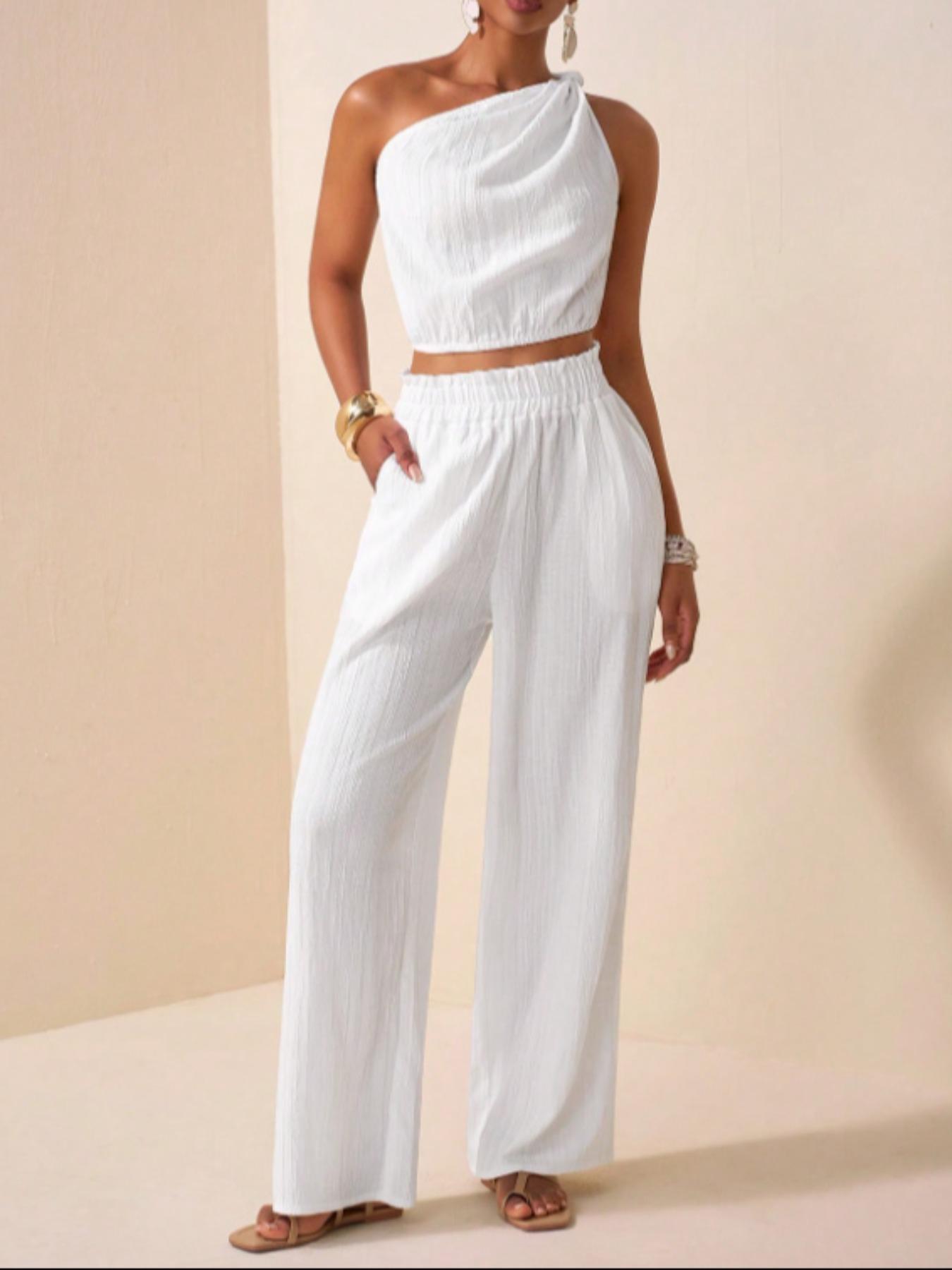 Two-piece Set Women's Solid Crop Top & Wide Leg Pants, Basic Elegant Fashion Casual Top & High Waist Trousers for Daily Outdoor Wear, Women's Clothing for Summer, Womenswear