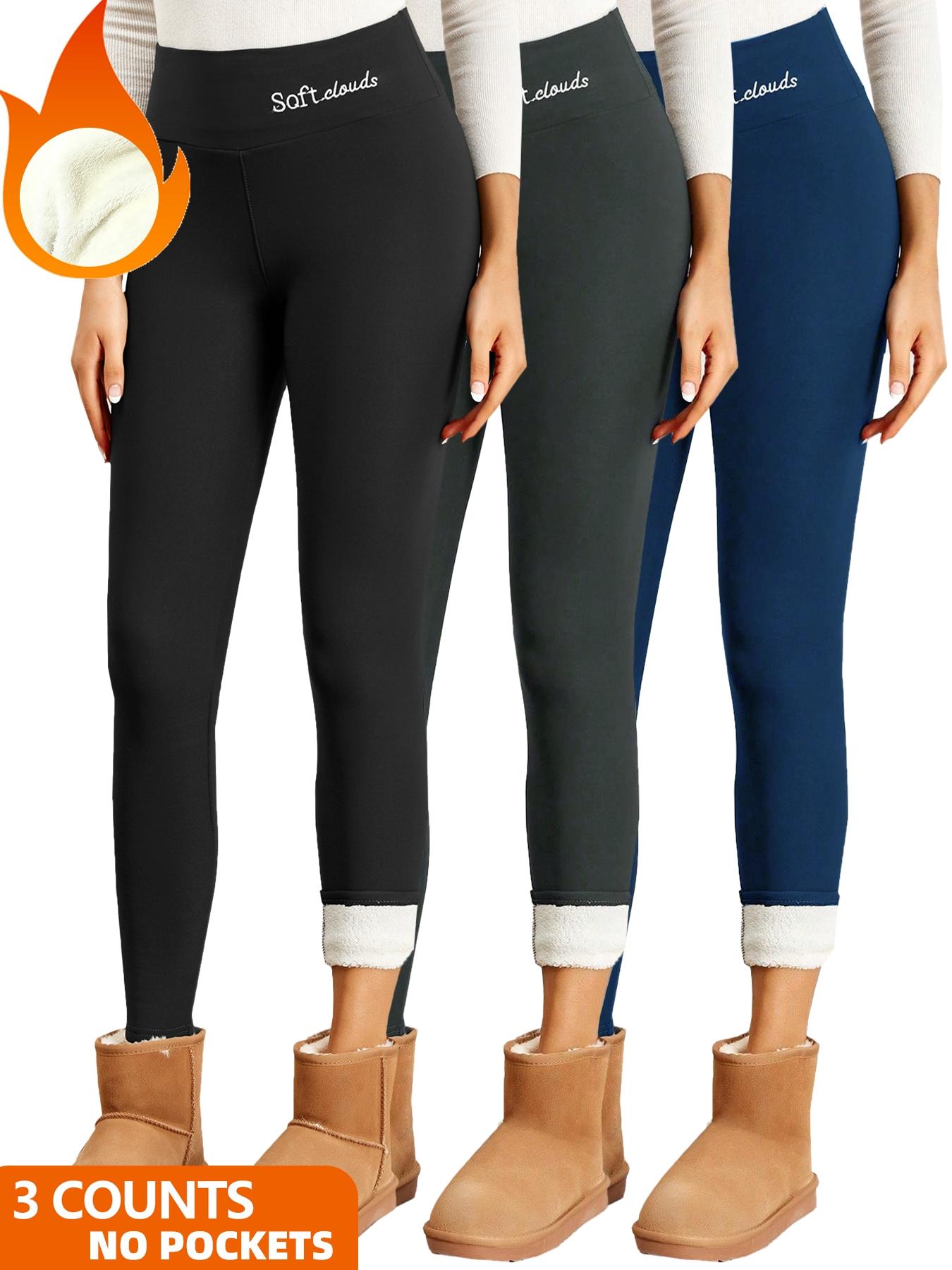 Women's Solid/Letter Embroidery Pocket Sports Leggings, Thermal Lined High Waist Skinny Pants, Ladies Warm Sportswear for Yoga Gym Workout, Yoga Training Pants