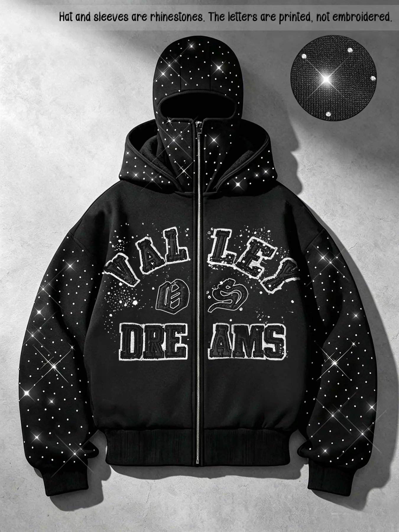 Valley Dreams Retro Slogan Print Masked Men's Casual Hooded Cardigan Jacket, featuring full rhinestone and hot-fix design on the hood and sleeves, fleece lining, and a windproof design. A trendy, functional zip-up sweatshirt jacket for both men and women.
