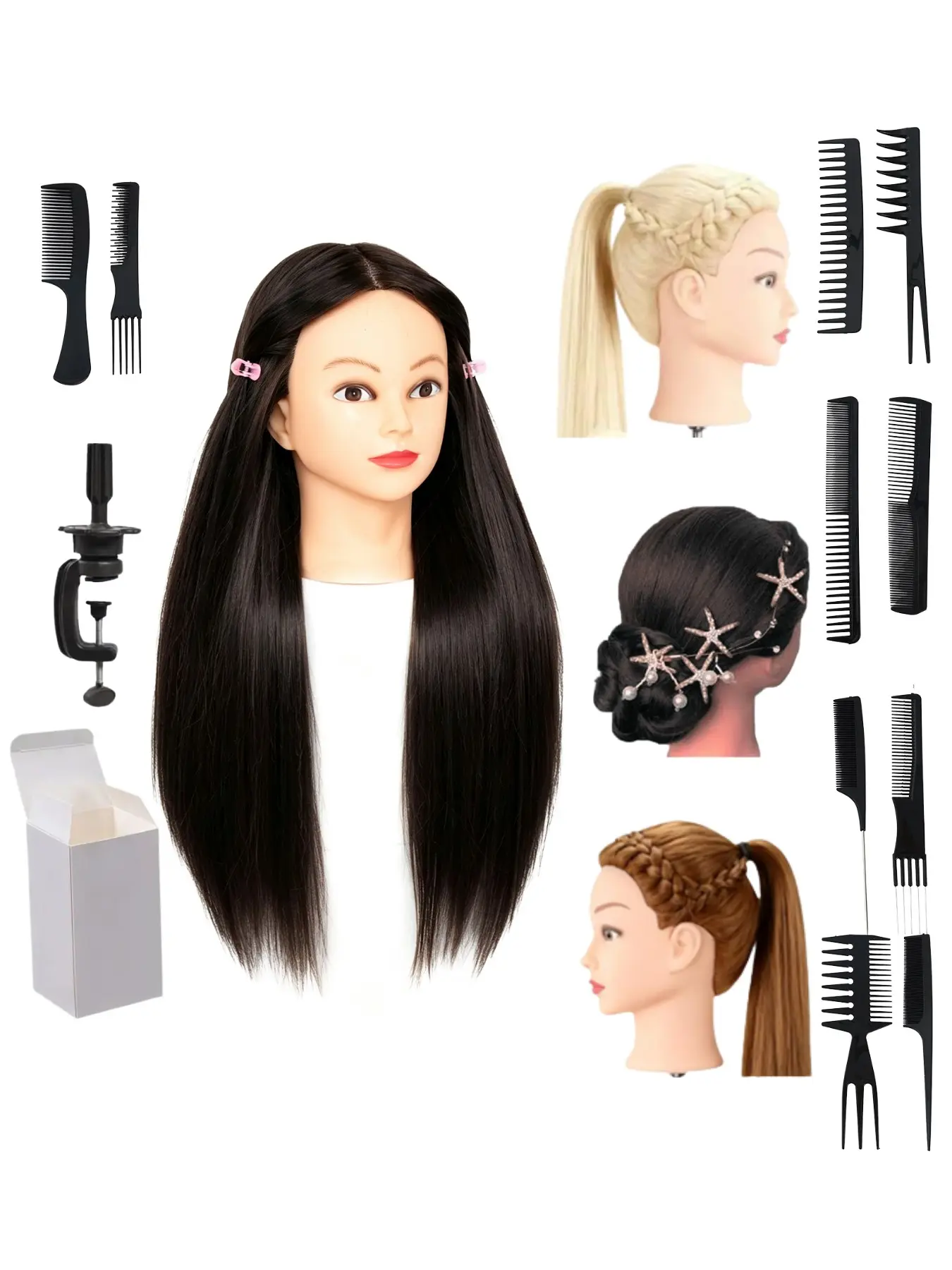 Light Skin 26‑28 Inch Synthetic Straight Hair Mannequin Head 3 Color Choices Professional Hairstyling Practice Manikin Head With Clamp Support And Complete Comb Kit Learning Tool Ideal For New Stylists Learning Braiding And Updo Skills