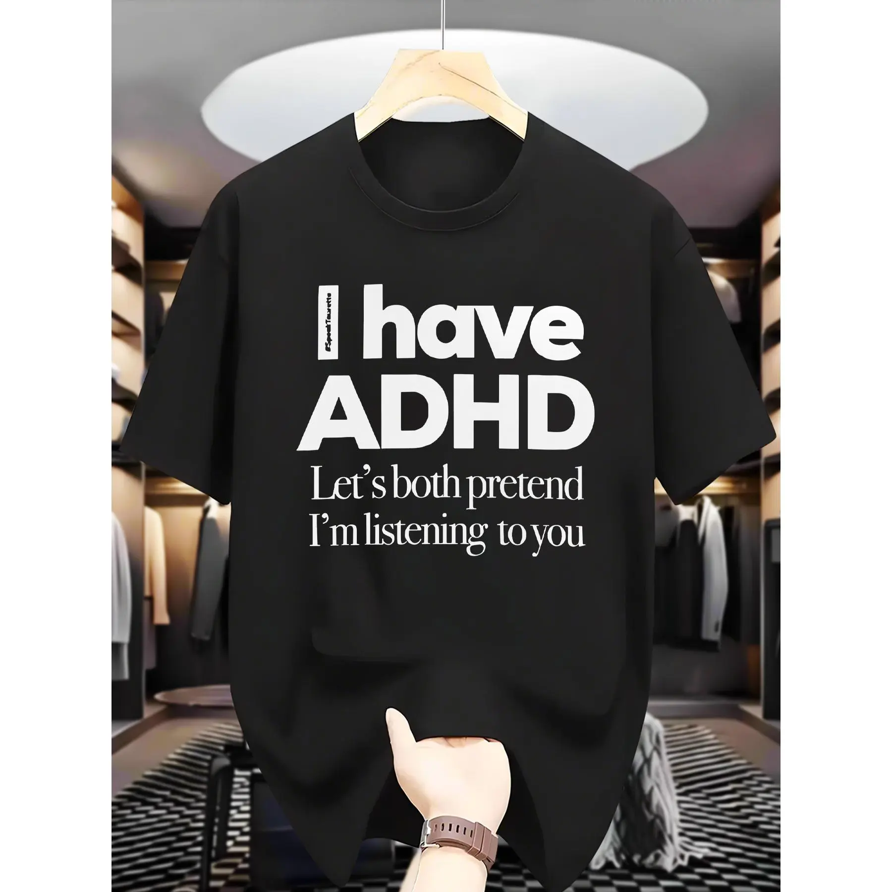 Men's Funny ADHD Graphic T-Shirt, Casual Streetwear Top with Sarcastic Quote Print, Short-Sleeve Crew Neck, Funny Adhd-Inspired Graphic, Crewneck, Round Neck, Pure Cotton, Foldable, Hangable Fold, Graphic Print