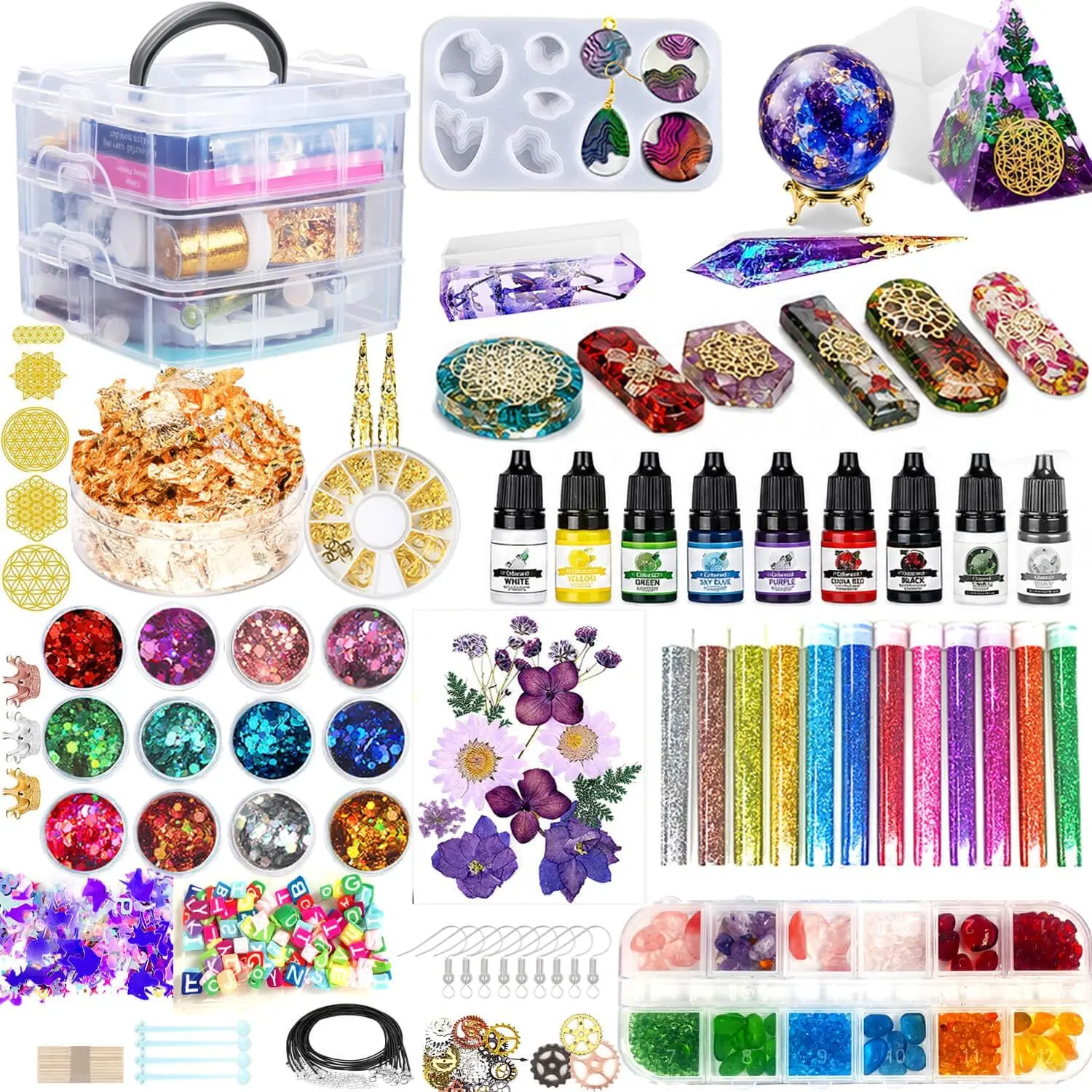 Resin Kit, 125Pcs Jewelry Making Kit with Molds for Beginners| Complete Resin Art Kit with 6 Silicone Molds, Glitter, Inks, Dried Flowers and 3-Tier Storage Box
