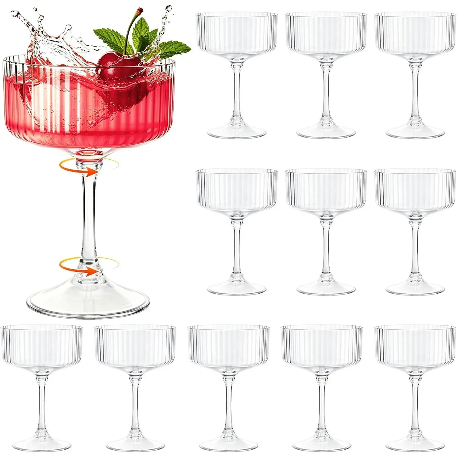 12 count Plastic Martini Glasses Disposable,10oz Ribbed Martini Glasses | Unbreakable,  Coupe  Glasses Set with Detachable Stem for Wedding Birthday Party Bar Supplies, Clear
