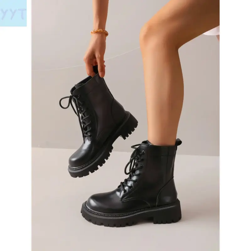 Women's YYT1 New Thick Sole Lace-Up Above-Ankle Chunky Boots - PU Leather, Rubber Sole, Plain Streetwear, Height Boost, Casual Outing Fall Fashion Footwear