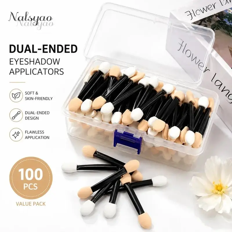 100Pcs Disposable Dual Sides Eye Shadow Sponge Applicators with Container, Long Handle Eyeshadow Brushes Makeup Tool