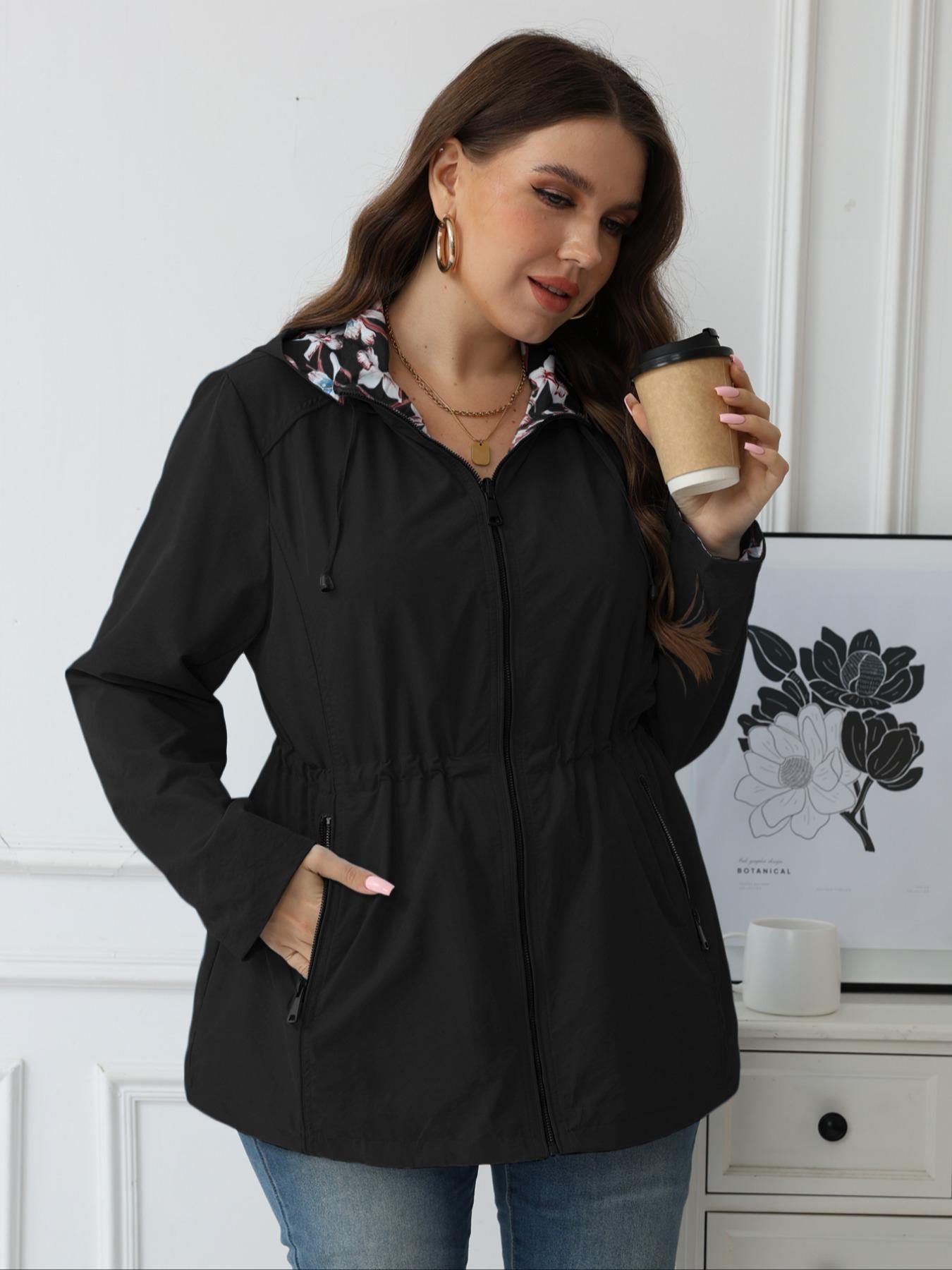 Giolshon Women's Plus Size Autumn Winter Reversible Jacket, Fashionable Hooded Windbreaker for All Seasons, Comfortable Business Casual Outerwear