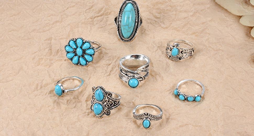 FUNRUN Boho Turquoise Jewelry Set - 14Pcs Dangle Earrings, Knuckle Rings, Wrap Bracelet, Layered Necklace & Sunflower Ring for Women
