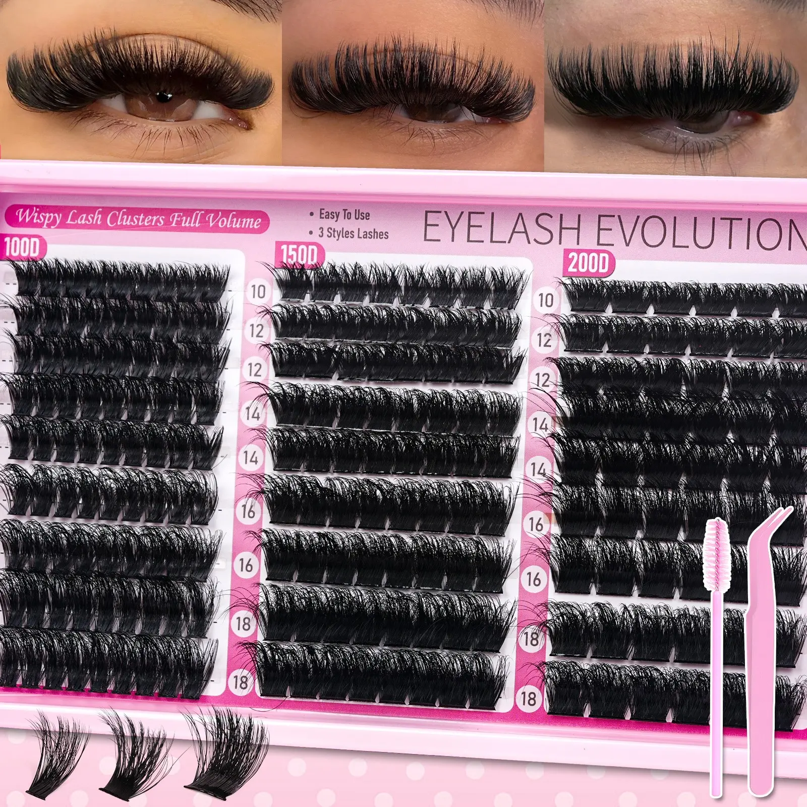 DIY Cluster Lash Kit, Multi-Length Mixed False Eyelashes, Natural Dense Fake Lashes Set, Includes Tweezers and Lash Brush