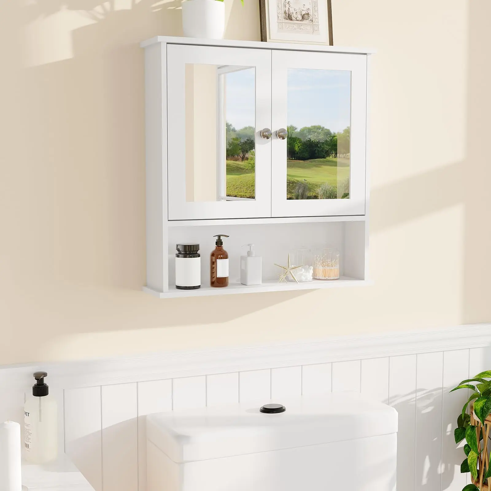 Wall Mounted Bathroom Medicine Cabinet with Mirror, Adjustable Shelves, Open Storage, Over Toilet Organizer for Bathroom, Kitchen, Laundry Room, 23x22.1x5.1 in, White, Featuring 2 Mirrored Doors and Convenient Shelving