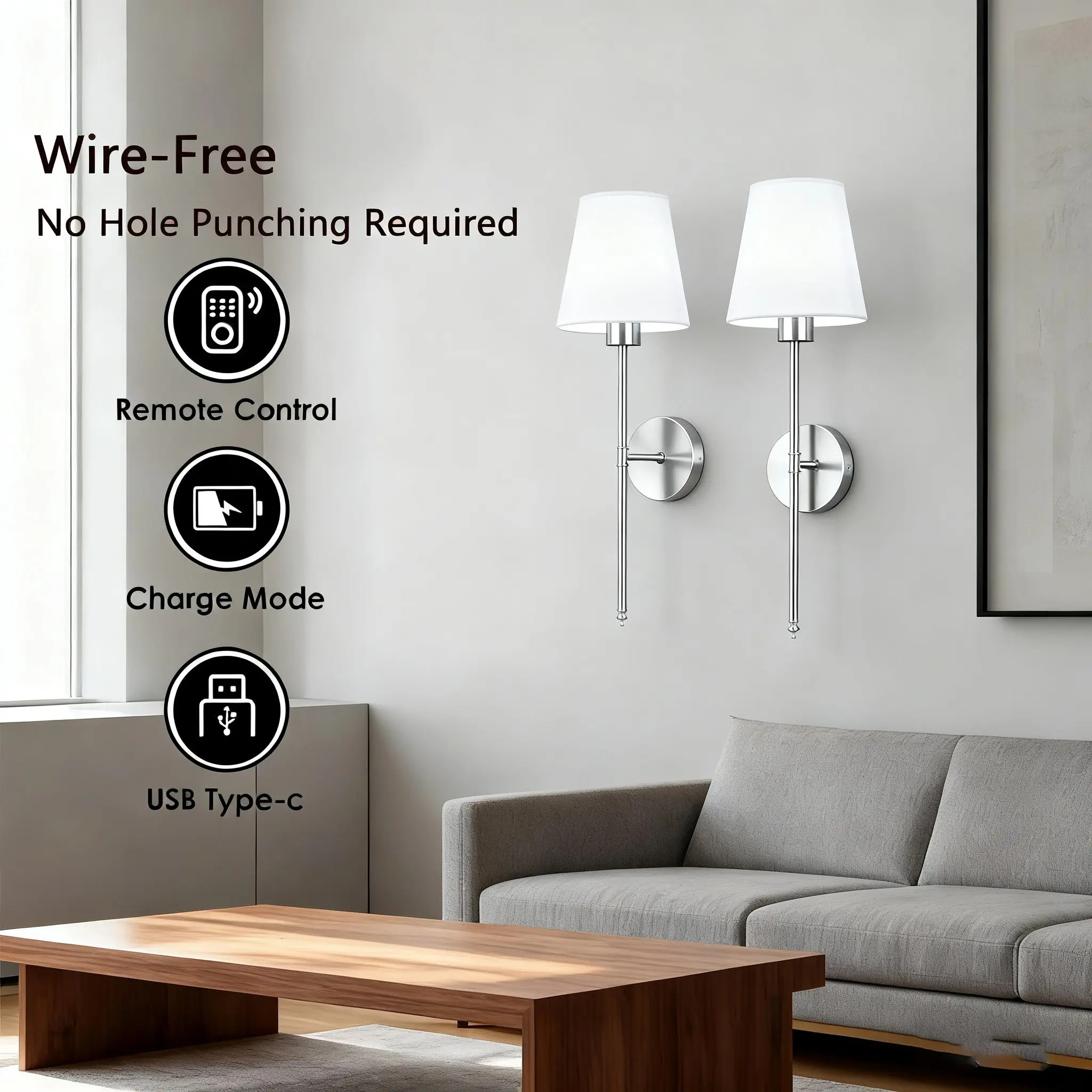 2-piece LED rechargeable wall light, fabric wall lamp, Led Wall Lamps, mood lighting, Led Wall Lights, no-drill installation with remote control and adjustable RGB bulbs, suitable for indoor decoration in bedrooms, living rooms