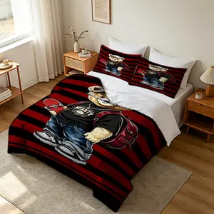 2/3pcs Cool Streetwear Skate Bear Duvet Cover Set No Filler, Trendy Cartoon Teddy Comforter Cover, Striped Bedding Set with Pillowcases,Microfiber Teen Boys Bedroom Decor, Modern Hip Hop Animal Pattern Bed Linens for Youth Dorm Home