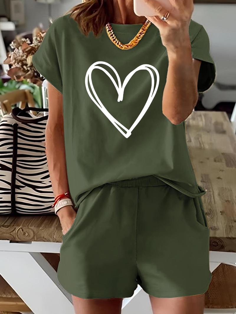 Two-Piece Set Women's Heart Print Tee & Shorts, Casual Shortsleeve Fitted T-shirt & Shorts for Daily Wear, Ladies Two-piece Matching Lounge Sets for Spring & Fall, Clothes