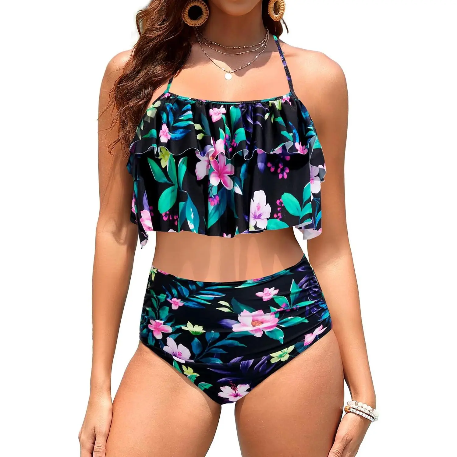 Women Two Piece Swimsuits High Waisted Bikini Teen Ruffle Tummy Control Bottoms Halter Bathing Suits