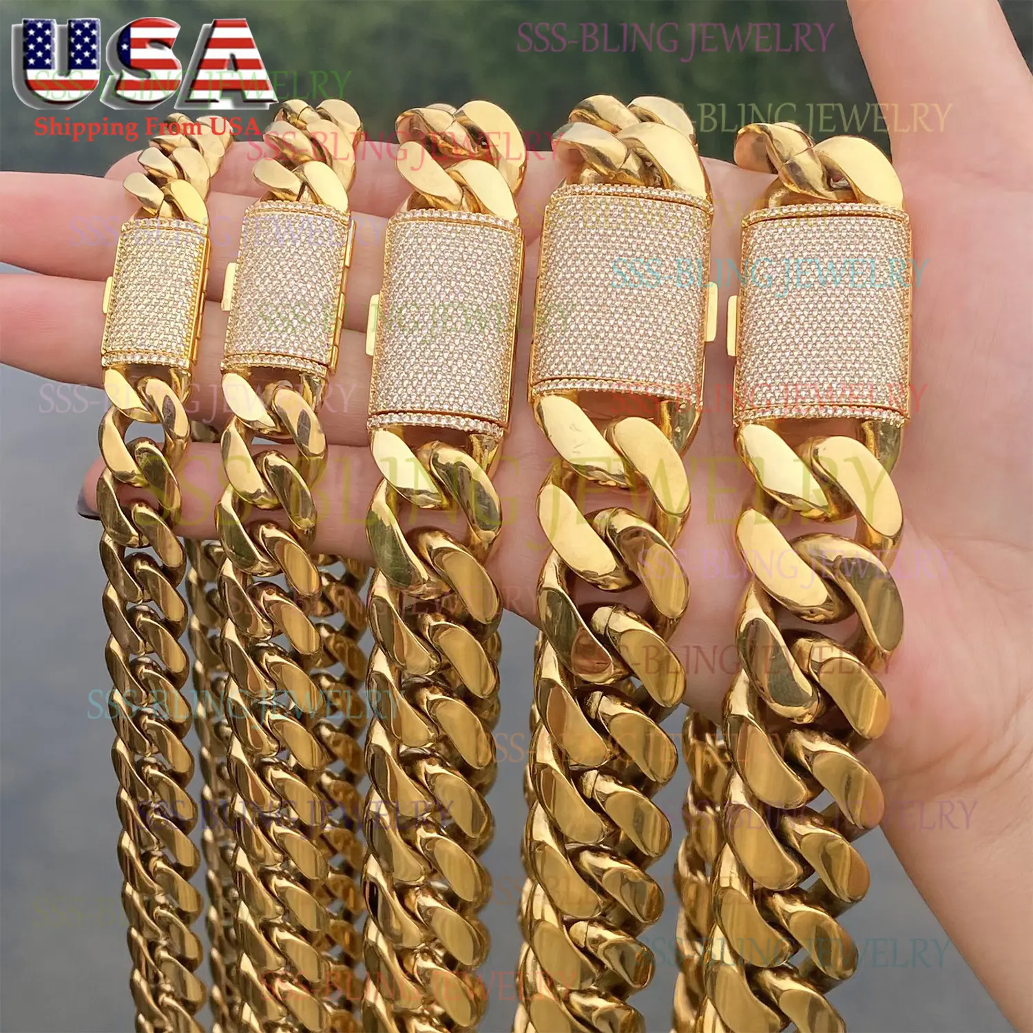 Miami Cuban Curb Link Necklace Chain ,14K Gold Plated Stainless Steel Necklace +Brass Clasps 5A Diamond Bling Necklace sohochic