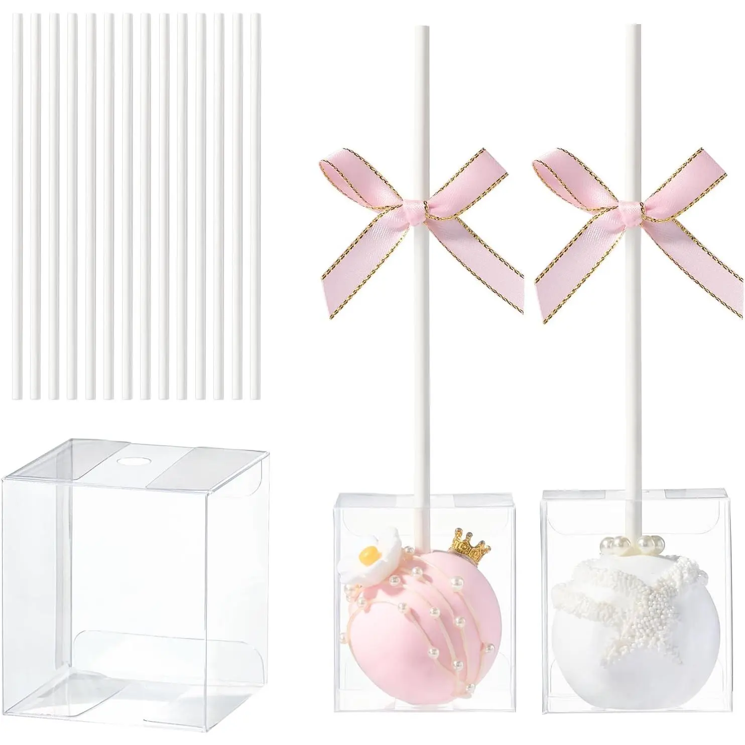 25 Pack Professional Cake Pop Boxes with Holes & 6" Sticks - -Safe 1.75 x 1.75 x 2" Clear Plastic Containers for Bakeries & Events