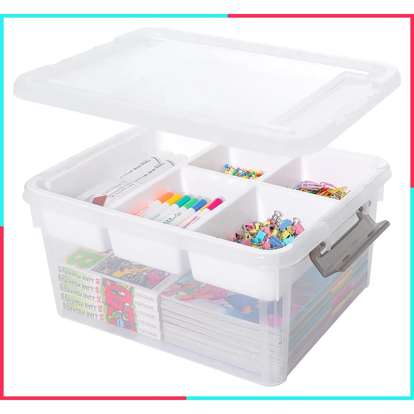 17QT Clear Craft Organizer Storage Box with Removable Tray | Stackable Art Supply Bins with Lids for Beads, Markers, Sewing, Tools, Playdoh, Coloring Books, Made in USA