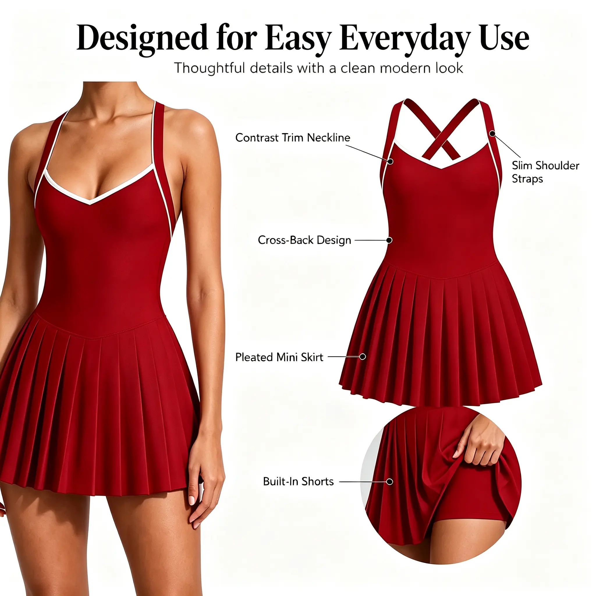 Women's Lavender Contrast Trim Tennis Dress, Halter V-Neck Pleated Athletic Dress with Built-in Shorts, Golf Workout Skort Dress, Plus Size