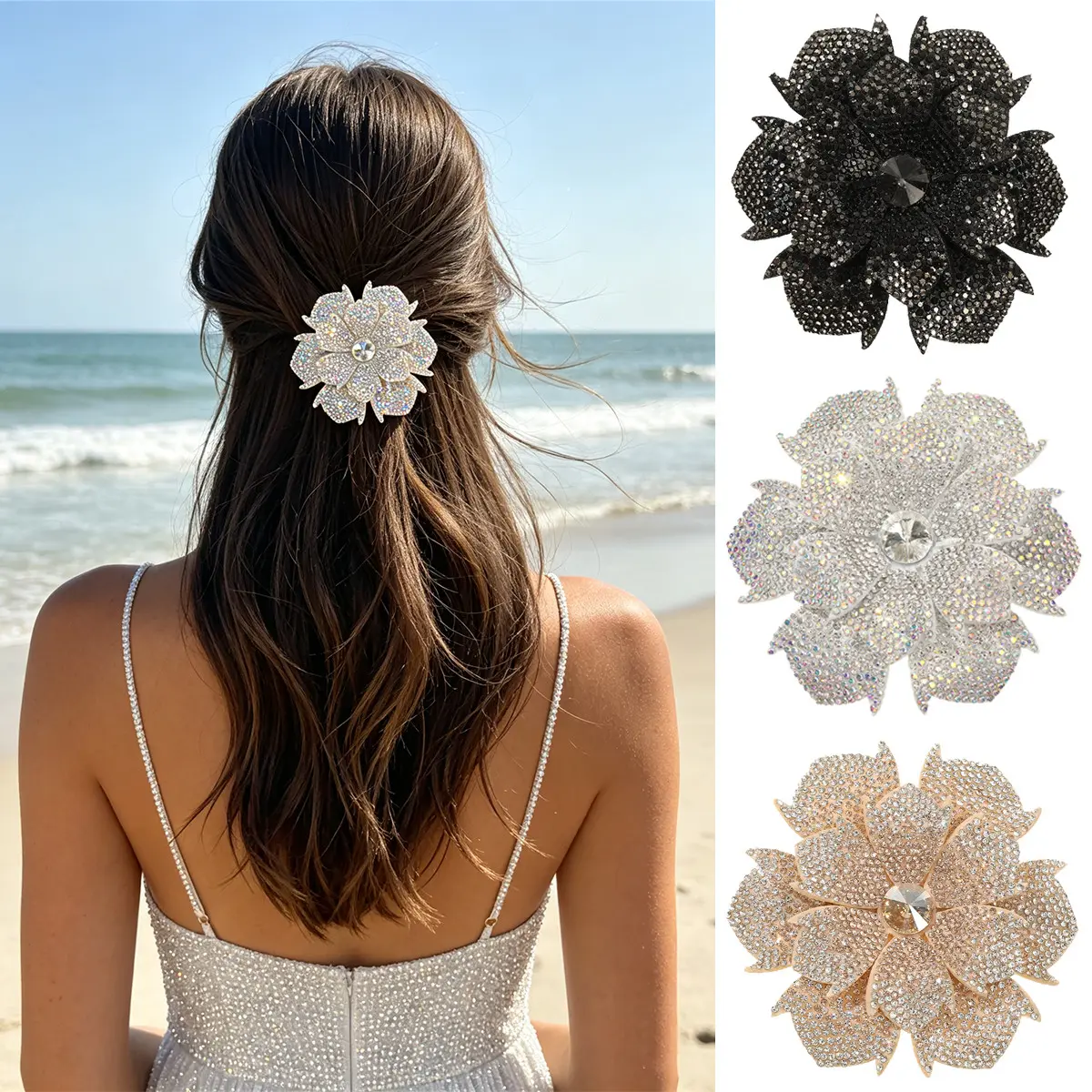 AWAYTR 3 Pieces Rhinestone Hair Clips Floral Wedding Hair Pins Crystal Silver Bridal Metal Spring Hairpin Barrette for Brides Bridesmaids Flower Girls